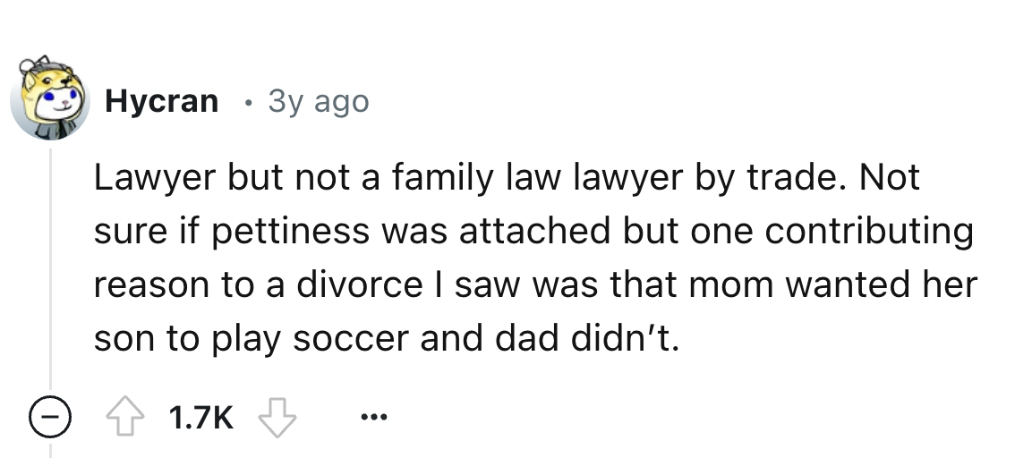 number - Hycran 3y ago Lawyer but not a family law lawyer by trade. Not sure if pettiness was attached but one contributing reason to a divorce I saw was that mom wanted her son to play soccer and dad didn't.